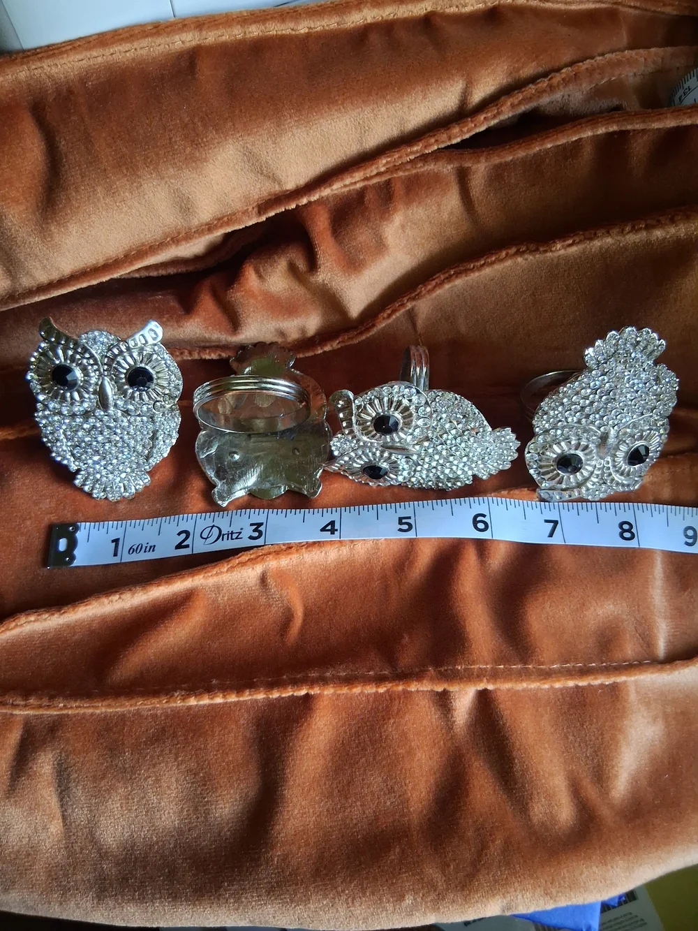 Tahari Home Owl Rhinestone Napkin Rings Set 4 Silver Tine Sparkle Table Decor